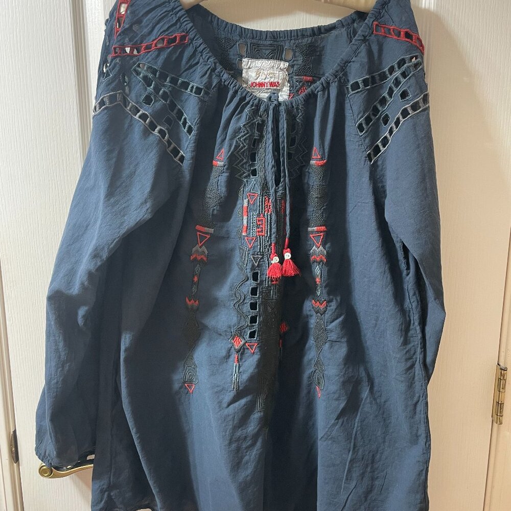 Johnny Was Blue Cotton Blouse Size Xl